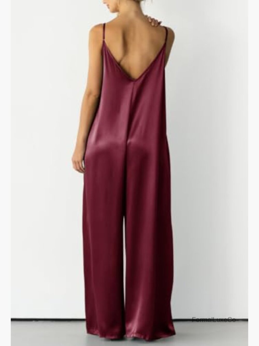 Satin Wide Leg Jumpsuit Spaghetti Strap Date Night Romper Flowy - Picture 3 of 7